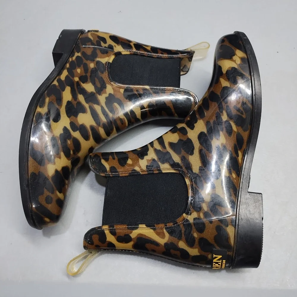 Lauren Ralph Lauren Tally Rain Boots Womens US 7B Multi Leopard Print Cuban Heel